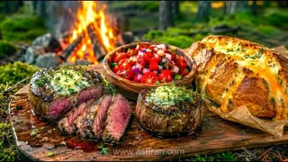 استیک کره سیر داغ با نان سیر پنیری در دل طبیعت