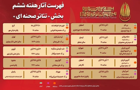 آثار هفته ششم بخش تئاتر صحنه‌ای جشنواره تئاتر مقاومت