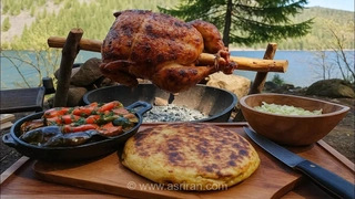 لذت آشپزی در طبیعت: تجربه بی‌نظیر طبخ مرغ کبابی در کنار دریاچه‌ای کوهستانی و دل‌انگیز