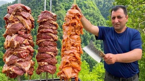 پخت دونر کباب مشهور جهانی در ارتفاعات کوهستان