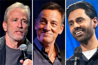 جان استوارت، بروس اسپرینگستین و حسن مینهج در رویداد Stand Up for Heroes نیویورک به روی صحنه می‌روند