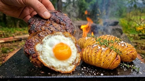 طرز تهیه استیک و تخم مرغ روی سنگ داغ با سیب زمینی سرخ کرده ترد
